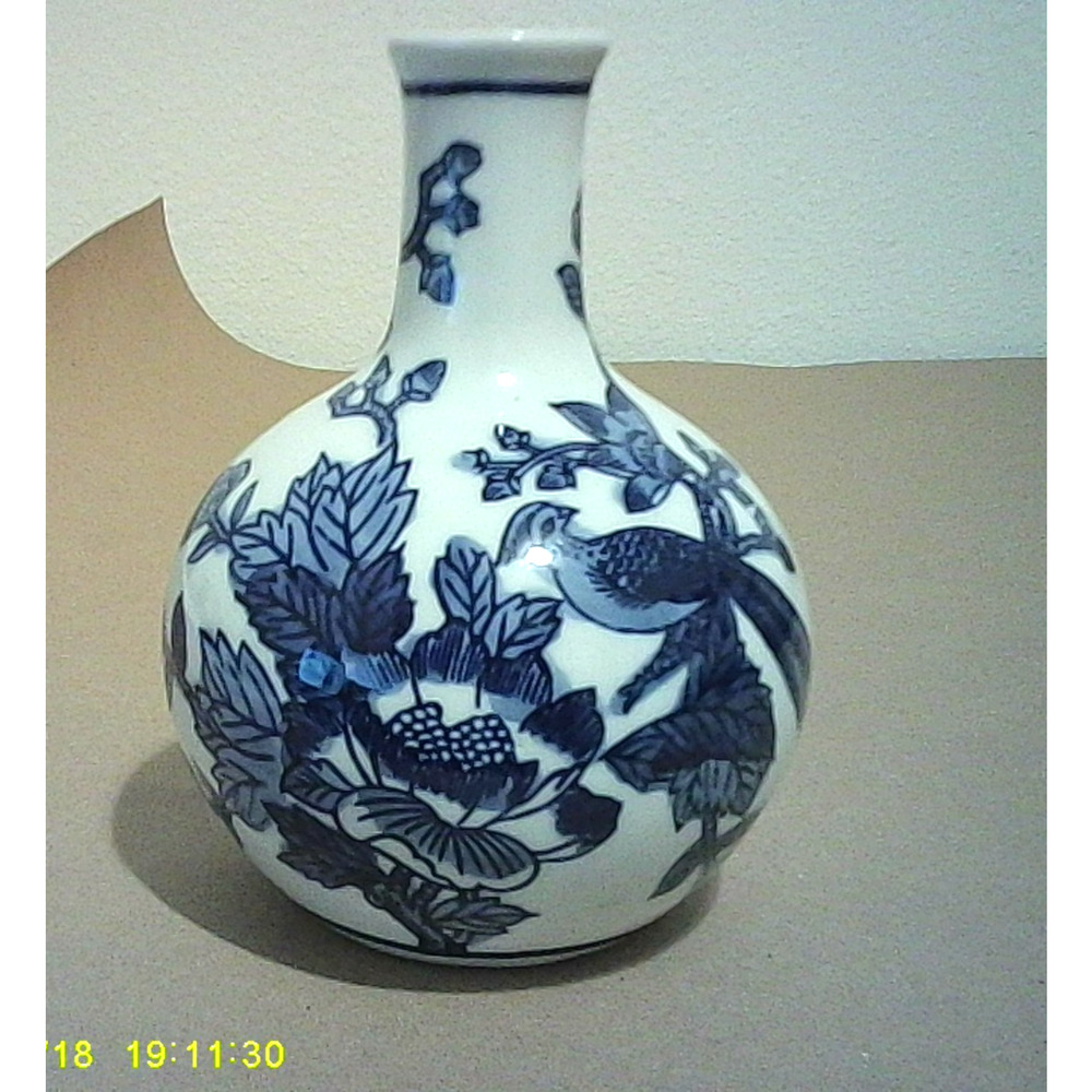 Chinese Blue And White Porcelain Vase, Bird & Blossoming Branches 8"
